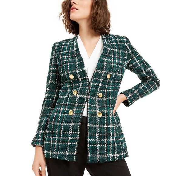Bar III Women's Plaid Open-Front Jacket Bottle Green Multi Size 6 - Picture 3 of 4